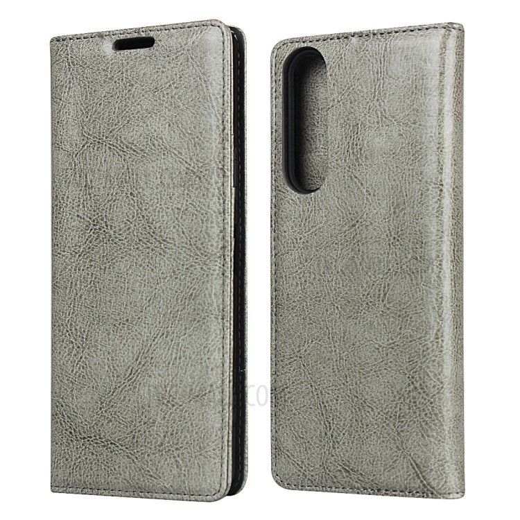 Crazy Horse Genuine Leather Stand Case with Card Slots for Sony Xperia 1 II - Grey-1