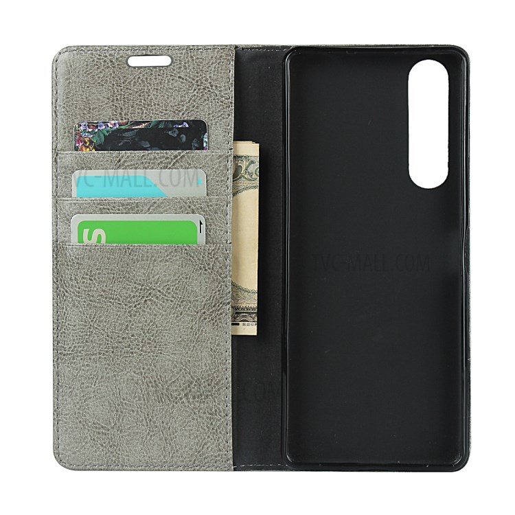Crazy Horse Genuine Leather Stand Case with Card Slots for Sony Xperia 1 II - Grey-4