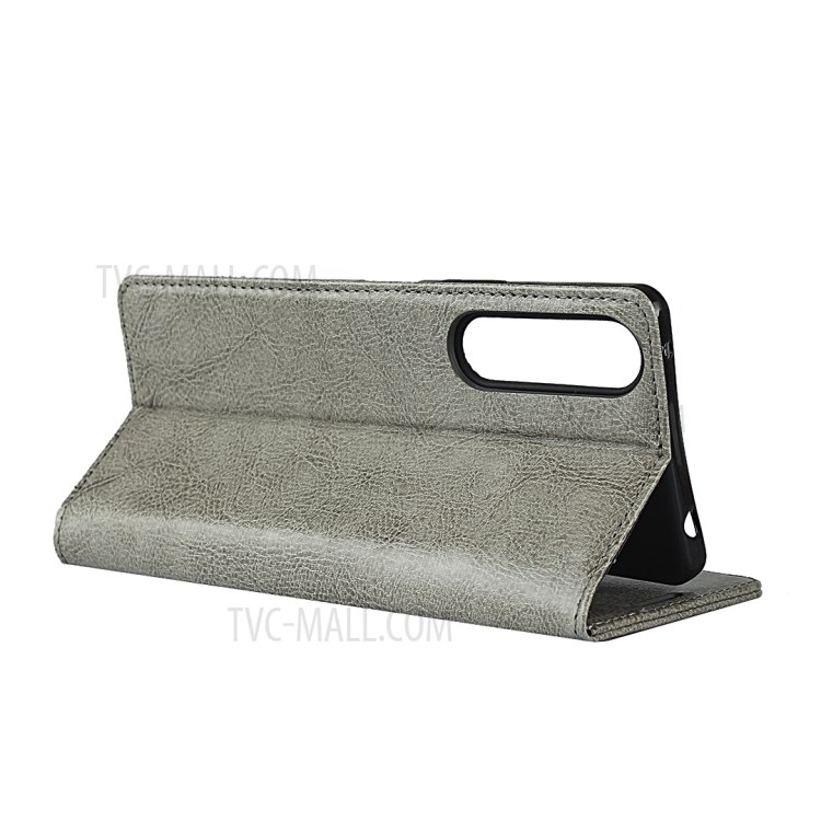 Crazy Horse Genuine Leather Stand Case with Card Slots for Sony Xperia 1 II - Grey-5