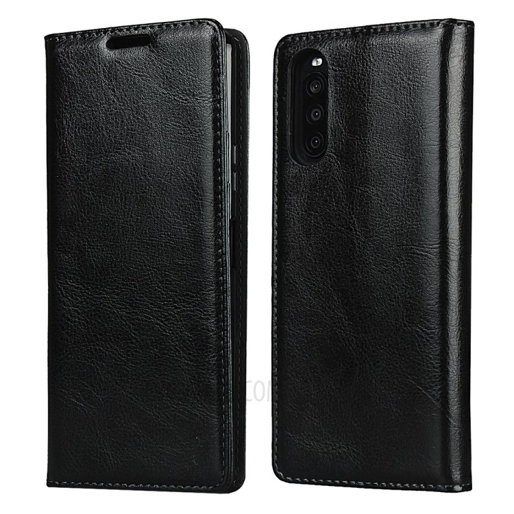 Crazy Horse Genuine Leather Wallet Cover for Sony Xperia 10 II - Black-1