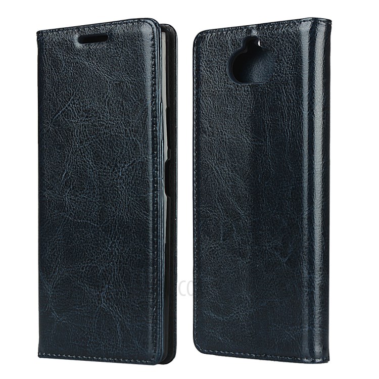 Crazy Horse Genuine Leather Wallet Stand Case Cover for Sony Xperia 20 - Blue-1