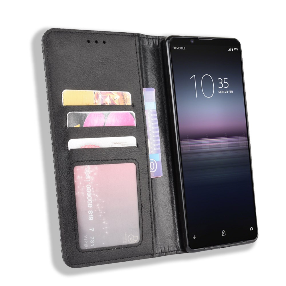 Auto-absorbed Retro Case Leather Phone Cover with Stand Wallet for Sony Xperia 5 II - Black-5