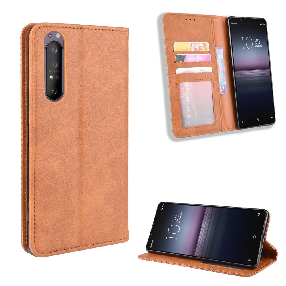 Auto-absorbed Retro Case Leather Phone Cover with Stand Wallet for Sony Xperia 5 II - Brown-1