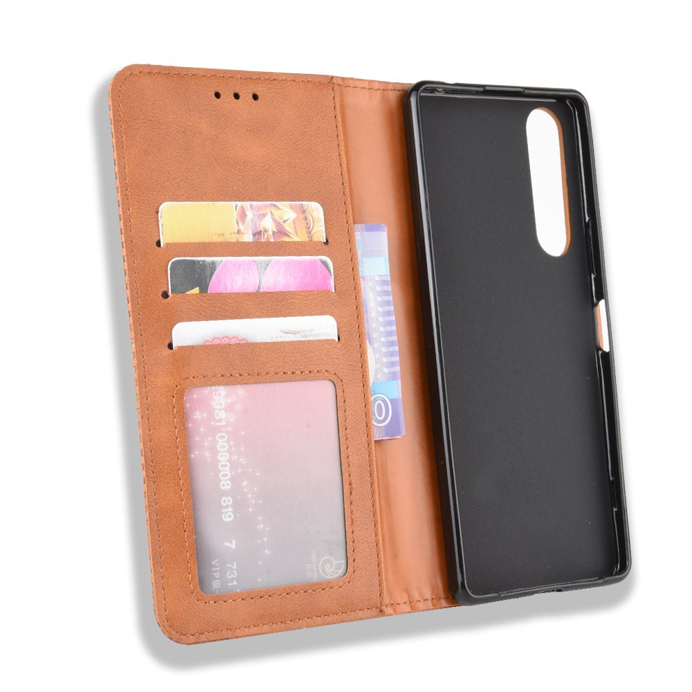 Auto-absorbed Retro Case Leather Phone Cover with Stand Wallet for Sony Xperia 5 II - Brown-3