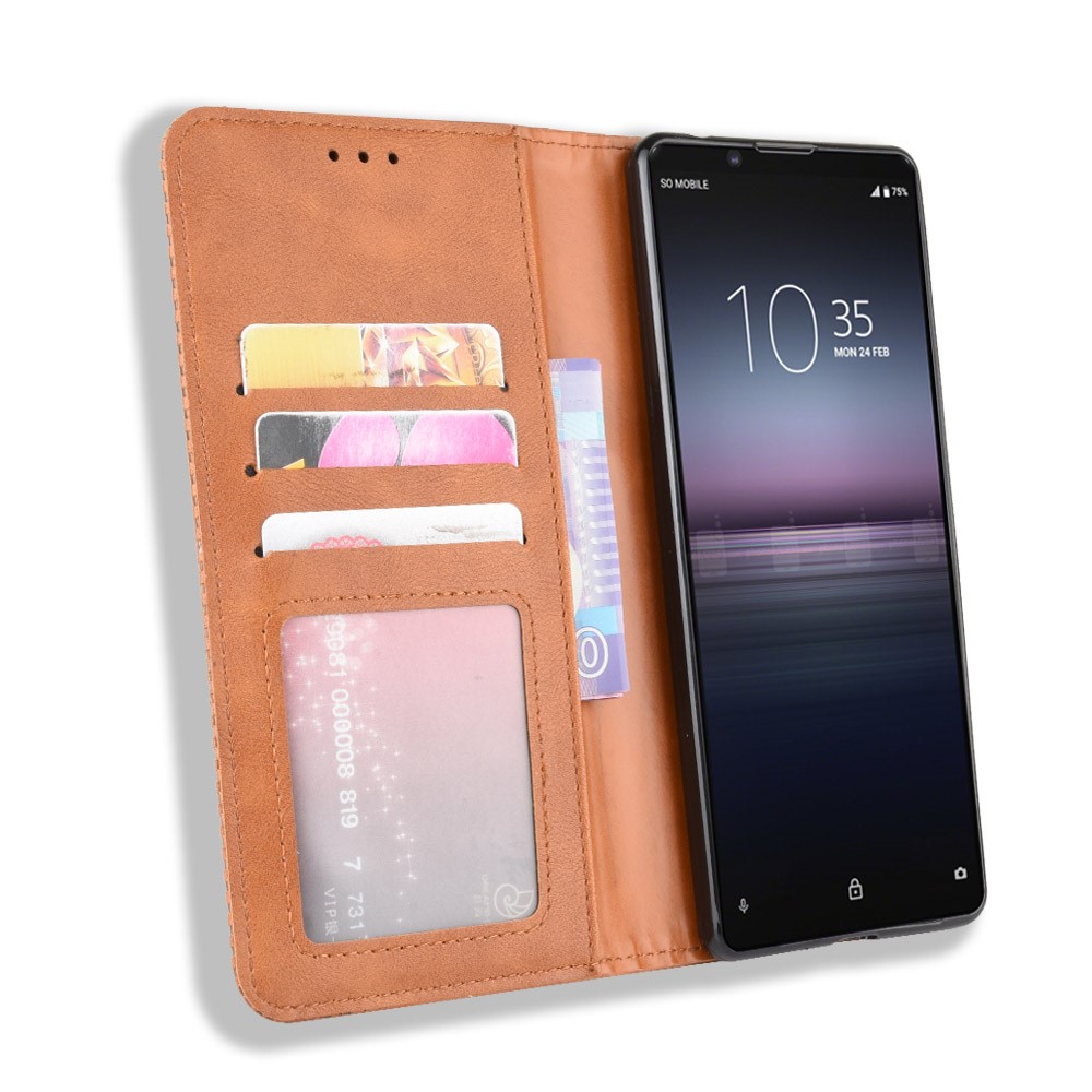 Auto-absorbed Retro Case Leather Phone Cover with Stand Wallet for Sony Xperia 5 II - Brown-4