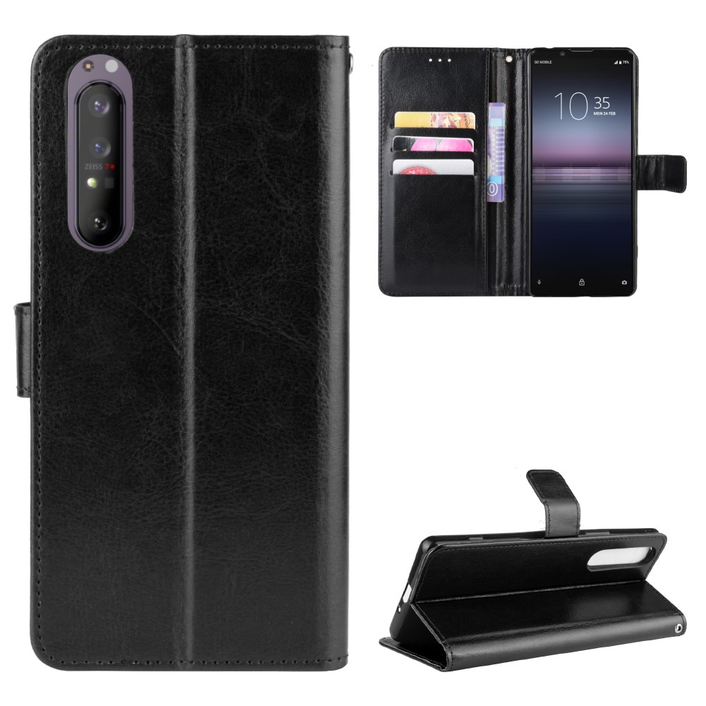 Crazy Horse Teaxture Protector Wallet Stand Telef Teléfono De Cuero Para Sony Xperia 5 II - Negro