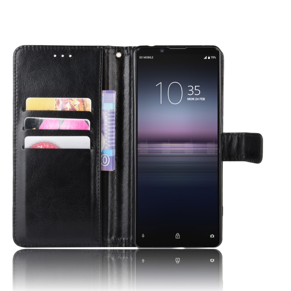 Crazy Horse Teaxture Protector Wallet Stand Telef Teléfono De Cuero Para Sony Xperia 5 II - Negro