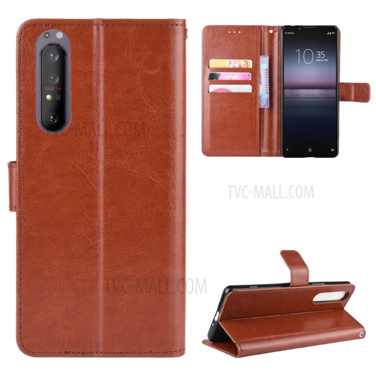 Crazy Horse Texture Protector Wallet Stand Leather Phone Case for Sony Xperia 5 II - Brown-1