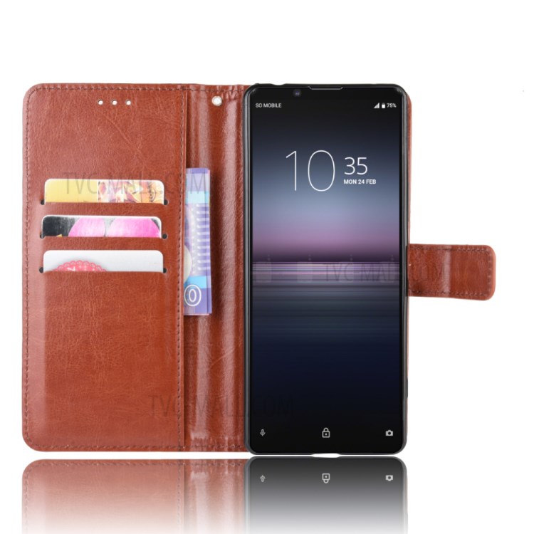 Crazy Horse Texture Protector Wallet Stand Leather Phone Case for Sony Xperia 5 II - Brown-5