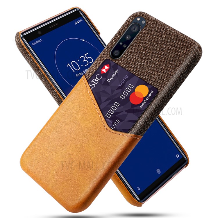 KSQ Card Holder Cloth + PU Leather Coated PC Back Case for Sony Xperia 5 Plus - Brown-1