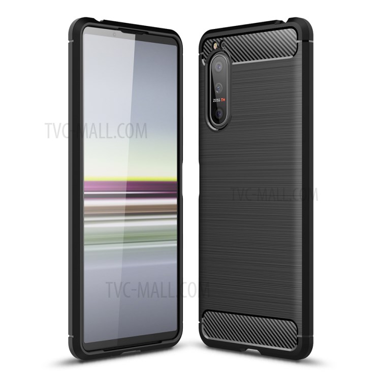 Fibra De Carbono TPU Escovado Caso Do Telefone Móvel Para Sony Xperia 5 II - Preto-1