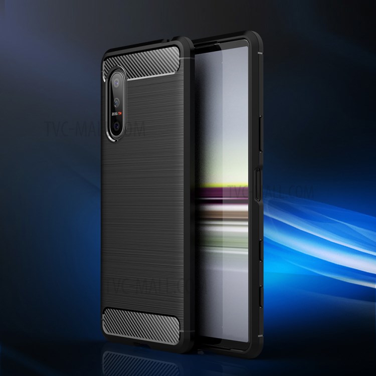 Fibra De Carbono TPU Escovado Caso Do Telefone Móvel Para Sony Xperia 5 II - Preto-10