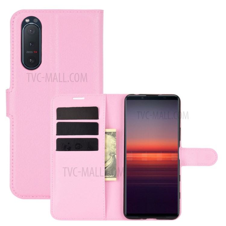 Litchi Texture Leather Wallet Cell Phone Protective Case for Sony Xperia 5 II - Pink-1