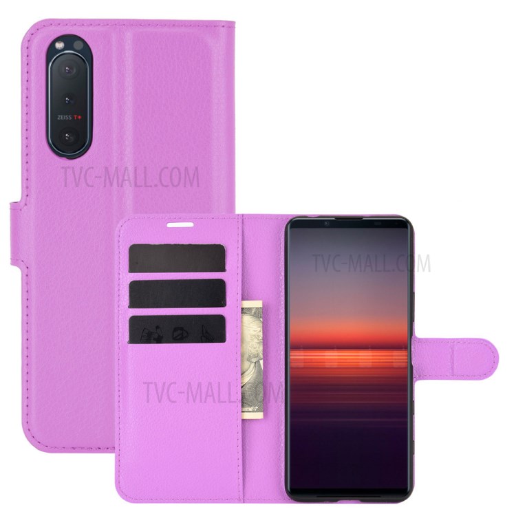 Litchi Texture Leather Wallet Cell Phone Protective Case for Sony Xperia 5 II - Purple-1