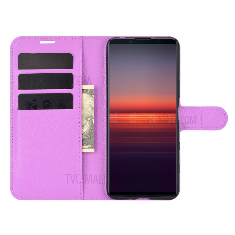 Litchi Texture Leather Wallet Cell Phone Protective Case for Sony Xperia 5 II - Purple-4