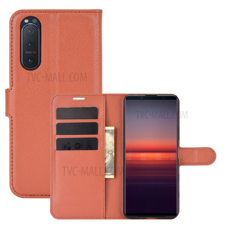 Litchi Texture Leather Wallet Cell Phone Protective Case for Sony Xperia 5 II - Brown-1