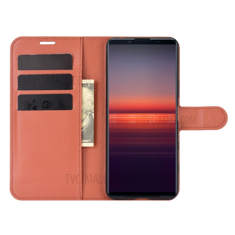 Litchi Texture Leather Wallet Cell Phone Protective Case for Sony Xperia 5 II - Brown-4