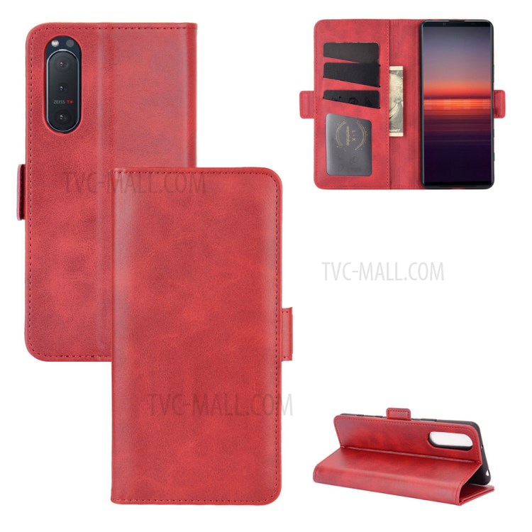 Double Magnetic Clasp Leather Cell Mobile Case for Sony Xperia 5 II - Red-1