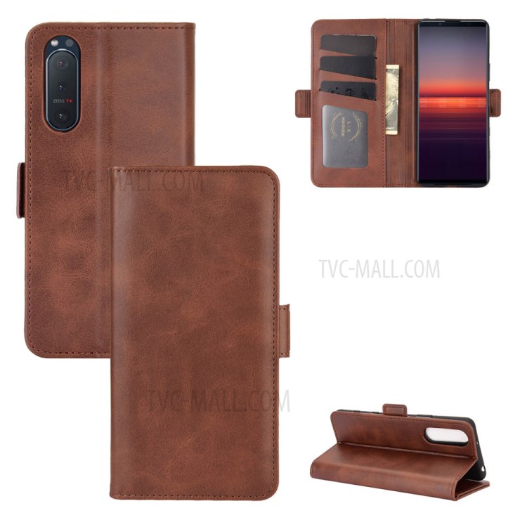 Double Magnetic Clasp Leather Cell Mobile Case for Sony Xperia 5 II - Brown-1
