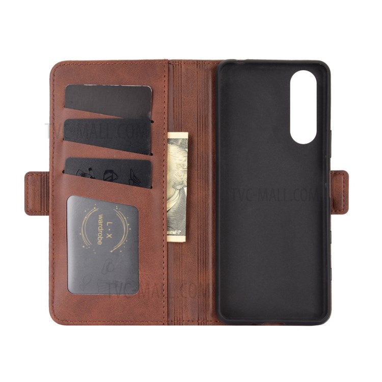 Double Magnetic Clasp Leather Cell Mobile Case for Sony Xperia 5 II - Brown-4