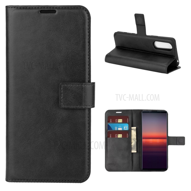 Leather Wallet Phone Protective Shell with Stand for Sony Xperia 5 II - Black-1