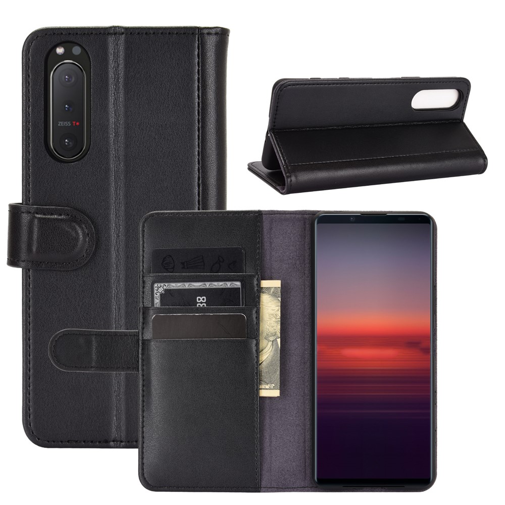 Genuine Split Leather Wallet Stand Protective Shell for Sony Xperia 5 II - Black-1
