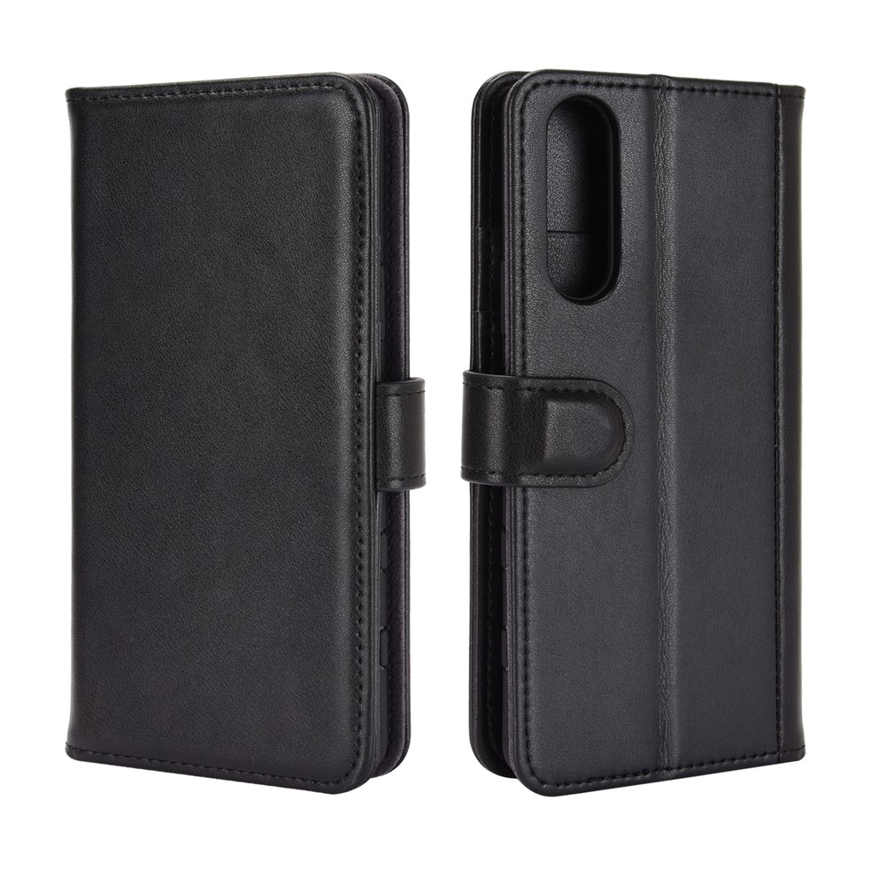 Genuine Split Leather Wallet Stand Protective Shell for Sony Xperia 5 II - Black-2