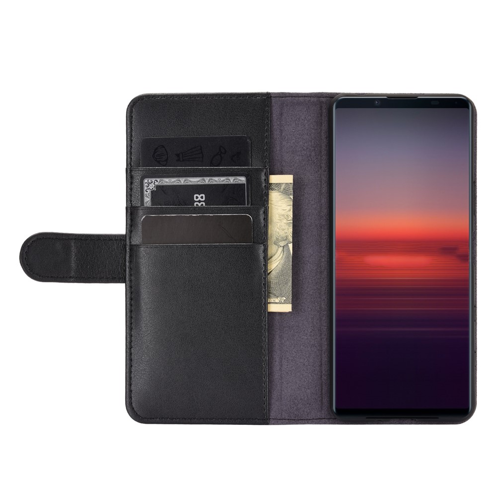 Genuine Split Leather Wallet Stand Protective Shell for Sony Xperia 5 II - Black-7
