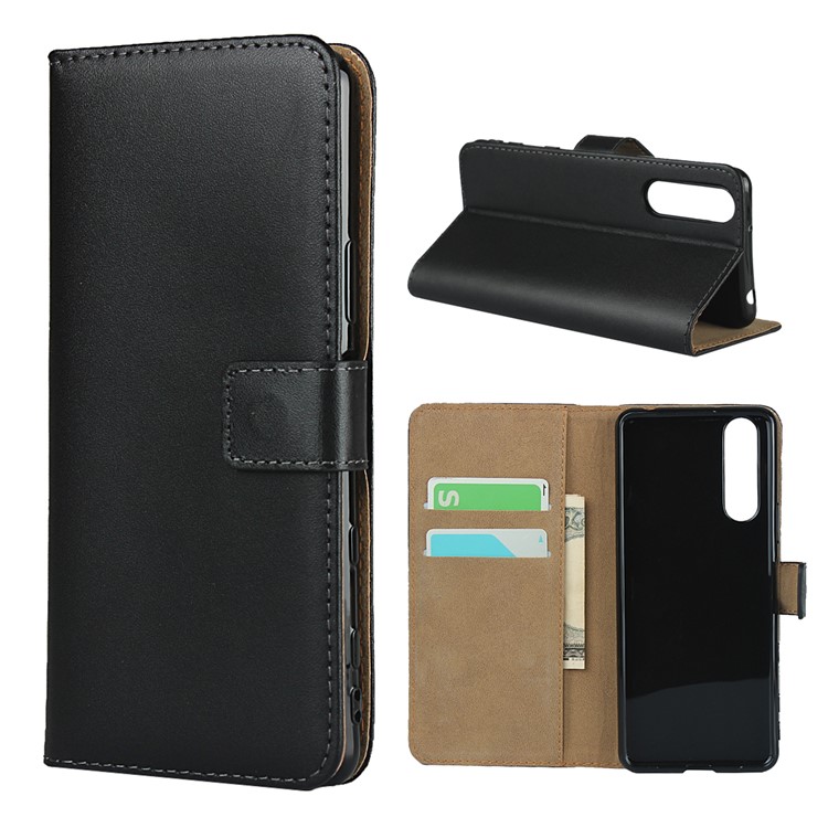 Genuine Leather Wallet Stand Phone Shell for Sony Xperia 5 II - Black-1