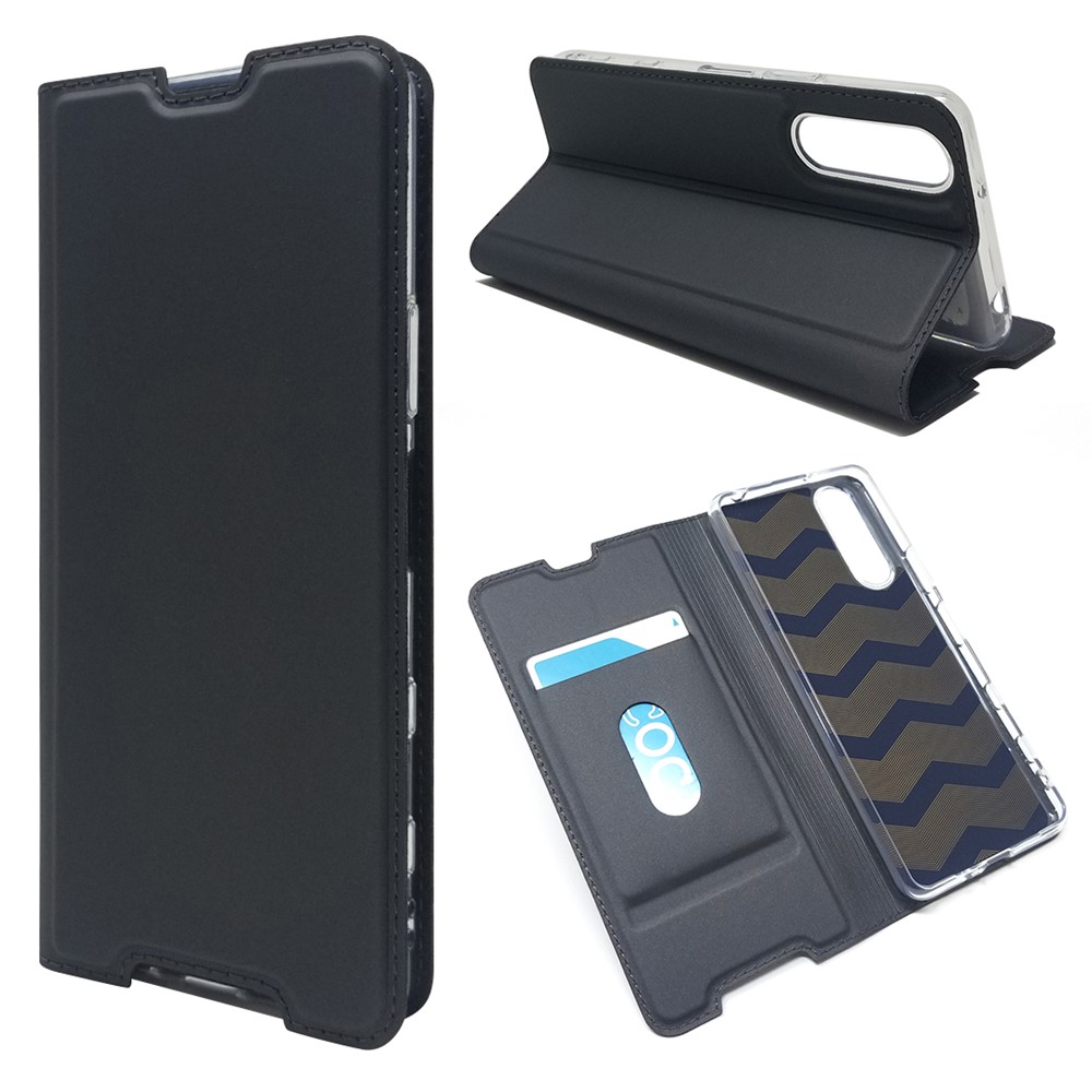 Soporte de Adsorción Magnética Case de Tarjetas de Cuero Para Sony Xperia 5 II - Negro