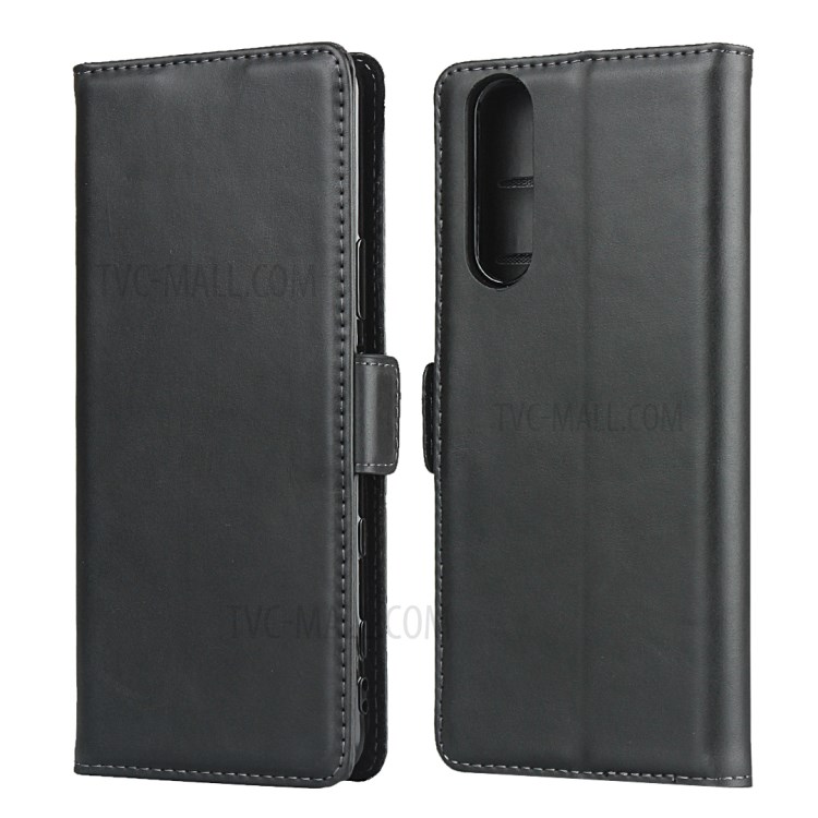 Dual-Magnet-Clasp Genuine Leather Wallet Stand Design Protector Shell for Sony Xperia 5 II - Black-1
