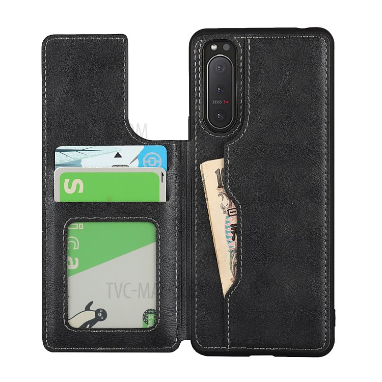 For Sony Xperia 5 II Quality PU Leather Coated TPU Wallet Flip Phone Cover Case - Black-5