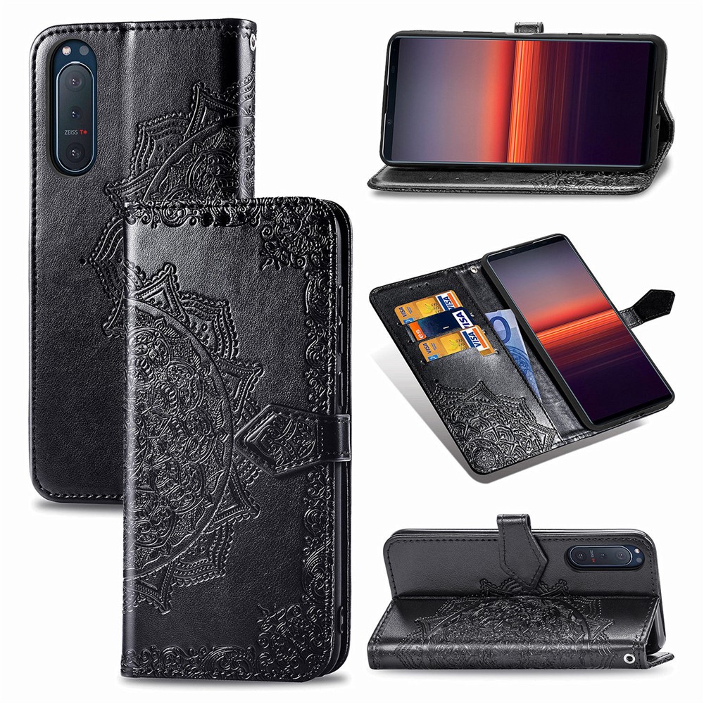 Embossed Mandala Flower PU Leather Wallet Case Cover for Sony Xperia 5 II - Black-1