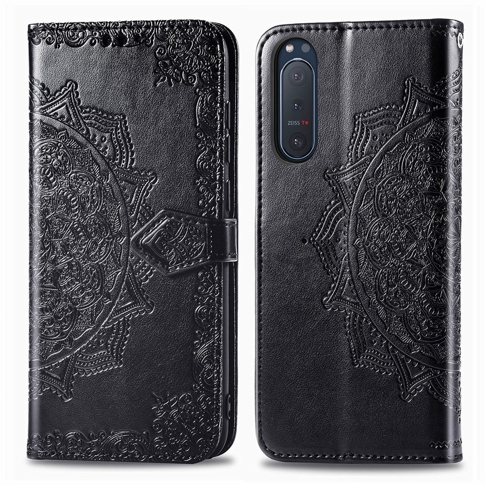 Embossed Mandala Flower PU Leather Wallet Case Cover for Sony Xperia 5 II - Black-4