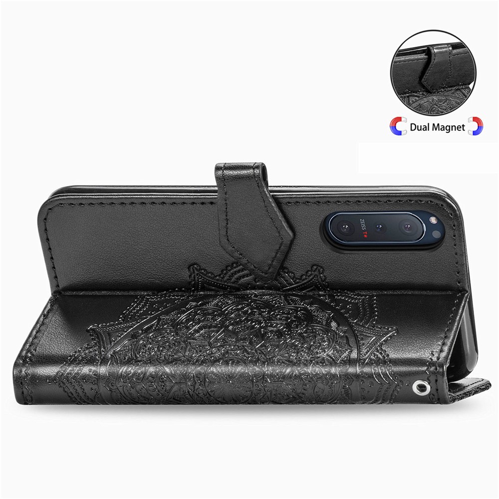 Embossed Mandala Flower PU Leather Wallet Case Cover for Sony Xperia 5 II - Black-9