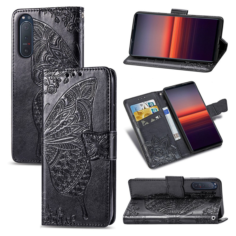 Imprint Big Butterfly Leather Wallet Phone Shell for Sony Xperia 5 II - Black-1