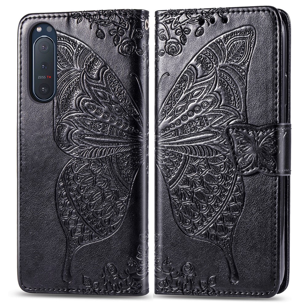Imprint Big Butterfly Leather Wallet Phone Shell for Sony Xperia 5 II - Black-2