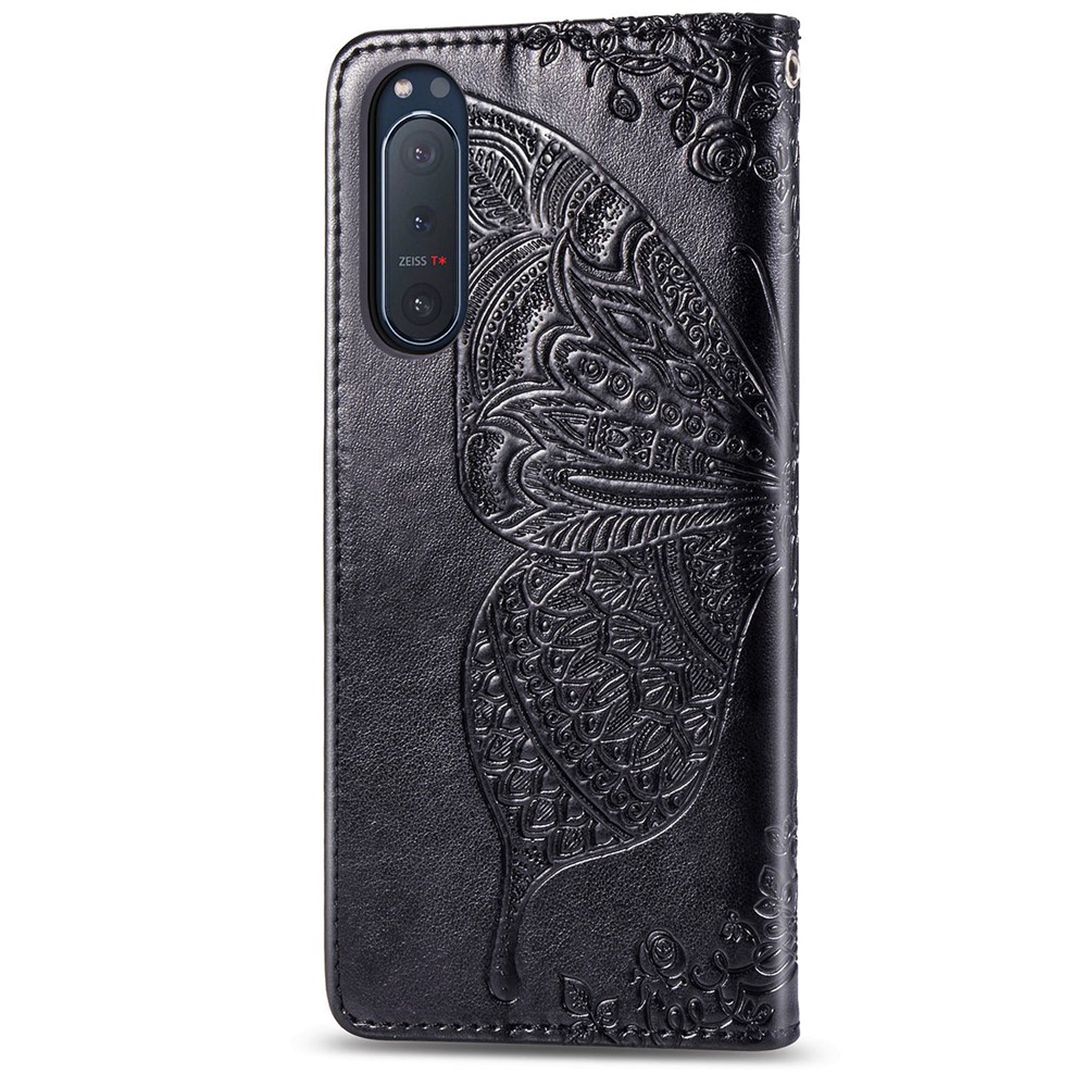 Imprint Big Butterfly Leather Wallet Phone Shell for Sony Xperia 5 II - Black-4