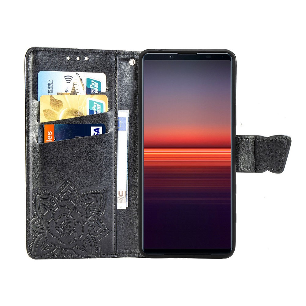 Imprint Big Butterfly Leather Wallet Phone Shell for Sony Xperia 5 II - Black-5