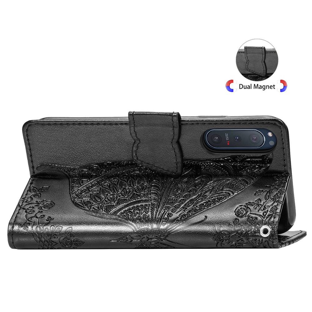 Imprint Big Butterfly Leather Wallet Phone Shell for Sony Xperia 5 II - Black-7