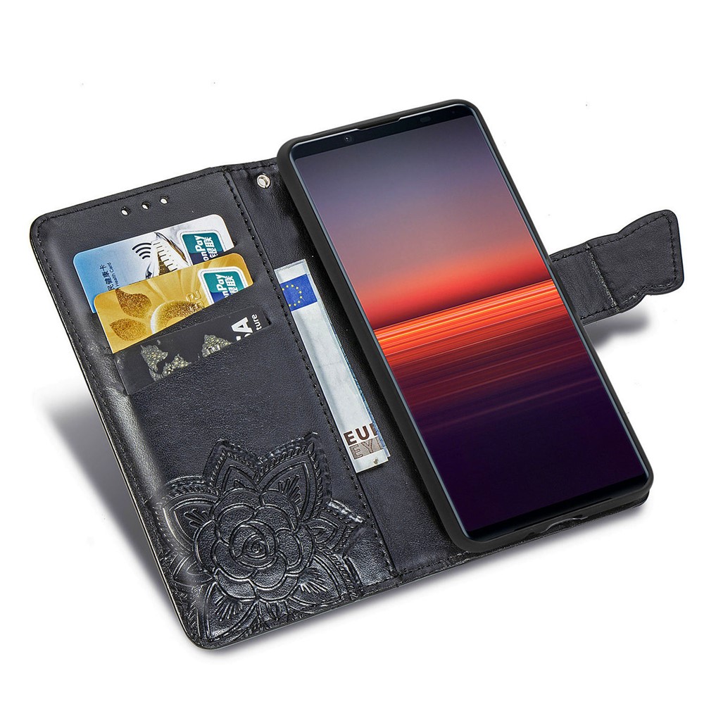 Imprint Big Butterfly Leather Wallet Phone Shell for Sony Xperia 5 II - Black-8