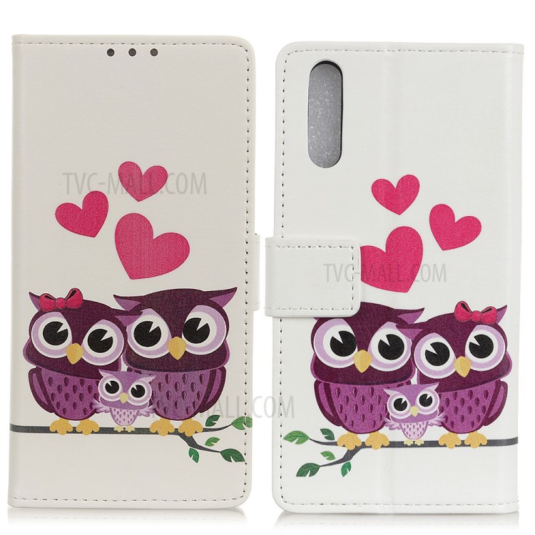 Pattern Printing Wallet Stand Design Leather Phone Cover Shell for Sony Xperia Ace II - Heart and Owl-1