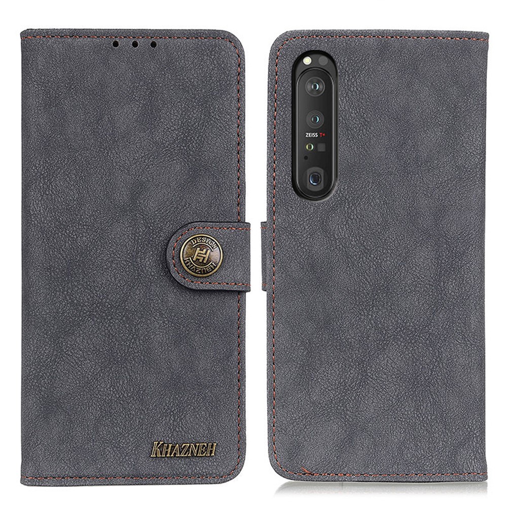 KHAZNEH Stitching Design Vintage Style Split Leather Wallet Phone Case for Sony Xperia 1 III - Black-1