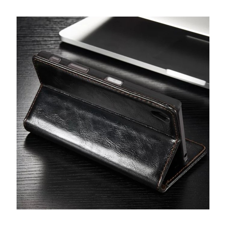 CASEME Oil Wax Wallet Leather Case for Sony Xperia Z5 / Z5 Dual - Black-3