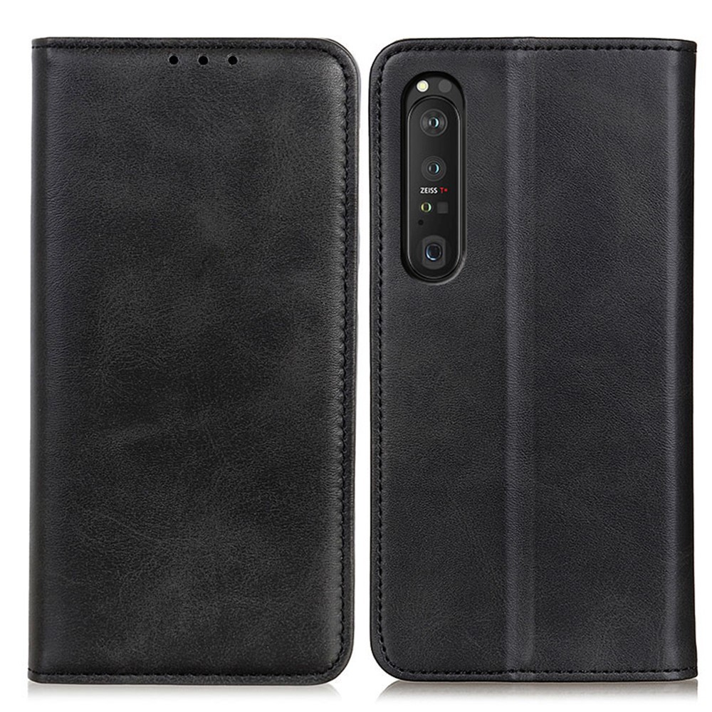 Automatic Suction Design Split Leather Wallet Phone Cover for Sony Xperia 1 III Stand Shell - Black-1