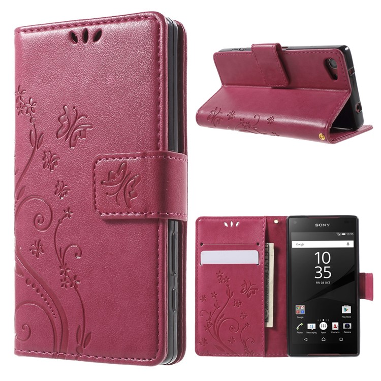 Butterfly Leather Wallet Cover for Sony Xperia Z5 Compact - Rose-1