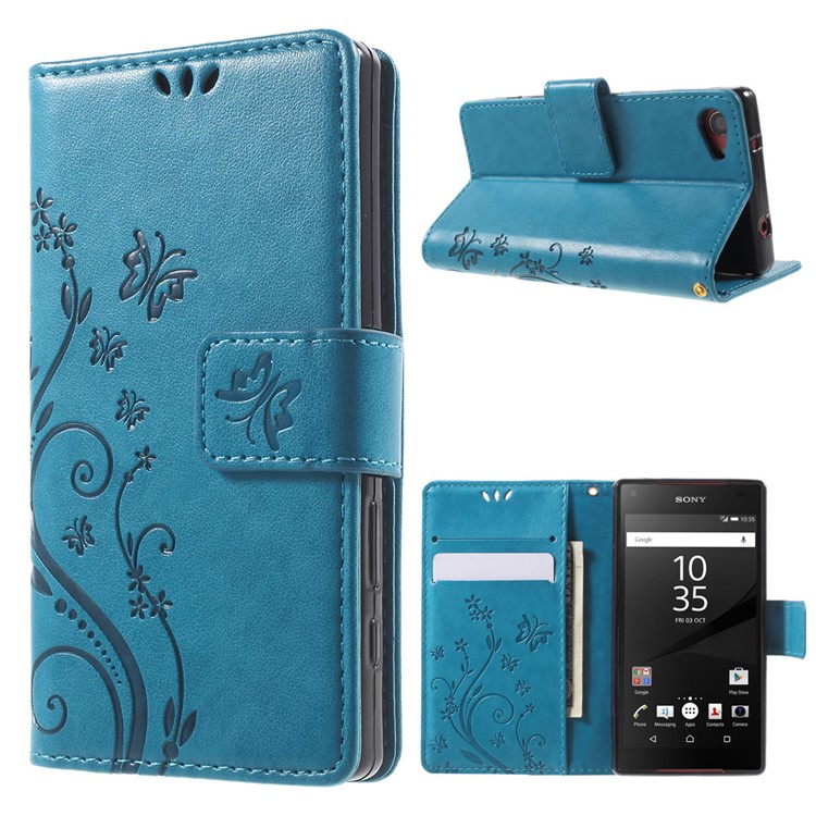Butterfly Leather Wallet Cover for Sony Xperia Z5 Compact - Blue-1
