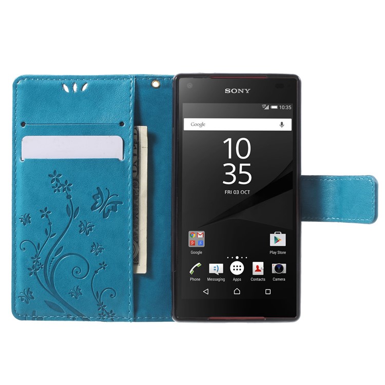 Butterfly Leather Wallet Cover for Sony Xperia Z5 Compact - Blue-5