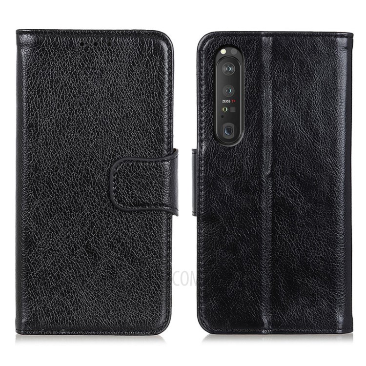 Full-Protection Wallet Design Nappa Texture Split Leather Stand Phone Cover Shell for Sony Xperia 1 III - Black-1