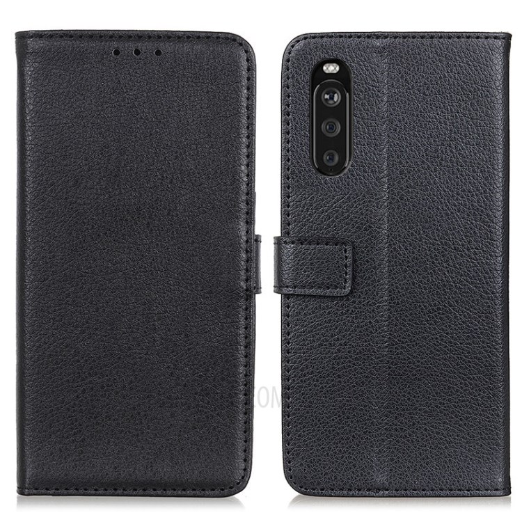 Litchi Skin Leather Wallet Stand Case for Sony Xperia 10 III - Black-1